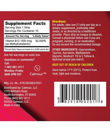 Calmour Vitamin B12 Strips 1500 mcg - Mint Flavored, Dissolve Under Tongue - Vegan & Gluten Free - 10 Pack - Buy Online on GoSupps.com