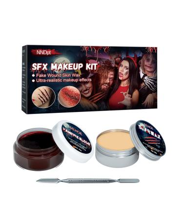Halloween Special Effects SFX Makeup Kit Fake Wound Molding Modeling Scar Wax with Spatula and Coagulated Blood Gel SFX Halloween Stage Makeup Skin Wax
