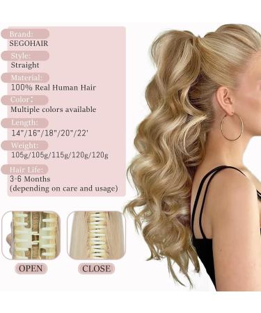 SEGOHAIR Claw Clip Ponytail Hair Extensions Human Hair 14 Inch Ponytail Extension Natural Real Hair Straight Remy Hair Extensions-Medium Golden Brown with Bleach Blonde(115g) 14INCH 12P613Medium Golden Brown with Bleach Blonde - Buy Online on GoSupps.com