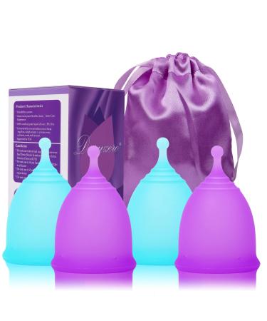 4 Pack Menstrual Cups Reusable Period Cups Kit for Girls & Women Silicone Soft Cups Menstrual Organic Cups Medical-Grade Silicone -Tampon and Pad Alternative (4 Large) 2 Pcs Purple+2 Pcs Blue