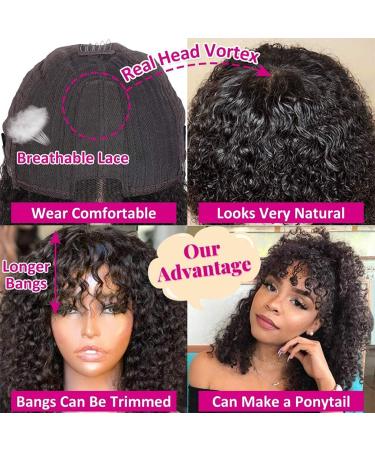 Amella Hair 10A Brazilian Virgin Curly Wig with Bangs - 16 inch Natural Black Glueless Half Machine Made Wig - Buy Online on GoSupps.com