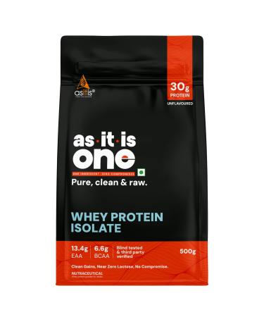 AS-IT-IS Nutrition Whey Protein Isolate 90% - 500 Gms/17.6 Oz | Protein 27g & Bcaa 5.9g Per Serving Unflavoured Cross-flow Microfiltered Natural Zero Fat, Zero Sugar