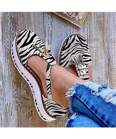 Sandals for women platform tassel leather sandal closed toe area buckle shoes fashionable with fringes comfortable summer fashionable outdoor beach travel shoes (zebra print 36 zebra print 36 EU