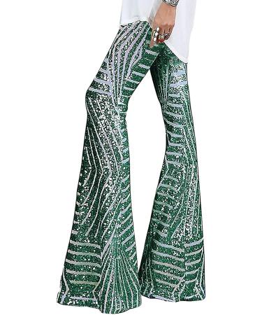 TUNUSKAT 70s Sparkly Sequin Palazzo Pants - High Waist Wide Leg Flare Trousers for Women | Night Club Disco Outfit - X-Large, Army Green - Buy Online on GoSupps.com