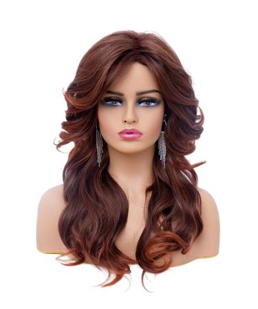 Rugelyss Vintage Wigs Dark Brown Rednish Maroon Wig for Women Lady Natural Synthetic Full Wigs for 70s Cosplay Costume Disco Hair Wig