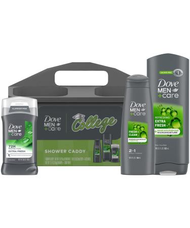 Dove Men+Care Shower Caddy College Gift Set Extra Fresh Body + Face Wash Deodorant for Men + Fresh & Clean 2-in-1 Shampoo & Conditioner (4 Piece Set)