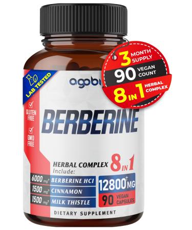 90 Capsules - Berberine Supplement 12800mg with Ceylon Milk Thistle Turmeric Elderberry & Black Pepper - Supports Immune System Cardiovascular & Gastrointestinal - 3 Month Supply 90 Count (Pack of 1)
