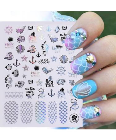YJHAT 6 Sheets Summer Nail Art Stickers 3D Self-Adhesive Nail Stickers Decals with Mermaid Beach Shell Starfish Coconut Tree Pattern Nail Art Supplies Nail Designs Kit for Nail Tips Decorations - Buy Online on GoSupps.com