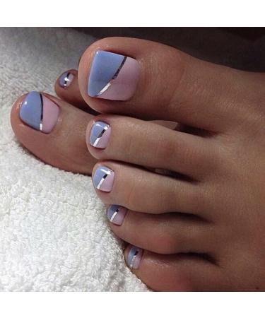 24Pcs French Square False Toenails Glossy Press on Toenails Blue & Pink Stick on Toenails Short Acrylic Full Cover Artificial Summer Fake Toenails for Women and Girls Daily Decorations