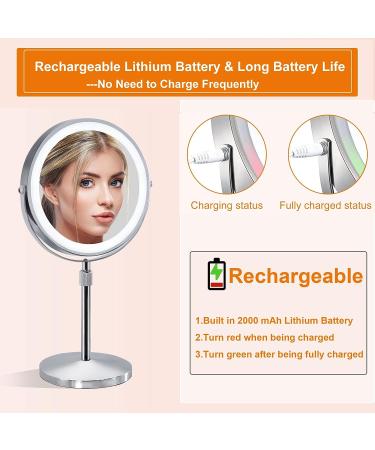 Adjustable LED Lighted Makeup Mirror with 3 Color Options, 10x Magnification, Rechargeable Battery - Chrome Finish - Buy Online on GoSupps.com