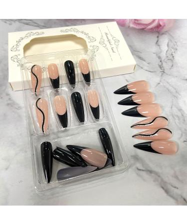 Extra Long Black French Tip Stiletto Press-On Nails | Glitter Wavy Lines | Reusable Acrylic Fake Nails for DIY Manicure - Buy Online on GoSupps.com