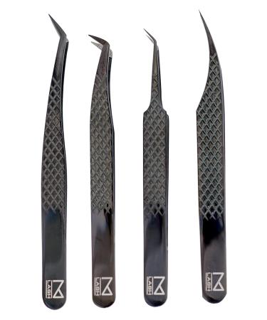 SET OF 4 M Lash Tweezers I-Series Professional Japanese Steel Quality Eyelash Extensions Supplies (Black)
