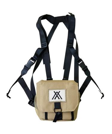 Trummul Waterproof Binocular Harness Chest Pack, Bino Harness Hunting Pouch Case with Adjustable Shoulder Straps, 2 Mesh Side Pockets, Zipper Back Pocket Tan