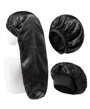 Awegeo 3 Large Single-Layer Nightcaps Silk and Satin for Women and Bonnet for Long Hair and Black Hats for Girls