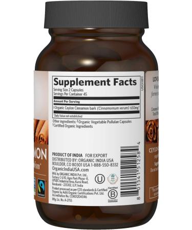 ORGANIC INDIA Ceylon Cinnamon Herbal Supplement - 90 Capsules | Vegan, Gluten-Free, Kosher, USDA Certified Organic, Non-GMO - Buy Online on GoSupps.com
