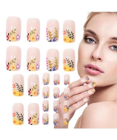 Press On Nails Square Press On Fake Flower Nails - Long Lasting Artificial Fake Nails Detachable Full False Nails for Women Fulenyi