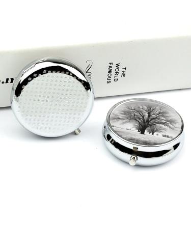 Round Pill Box - Black and White Tree Print | 3 Compartment Portable Pill Organizer - Decorative Metal Pocket Medicine Case - Buy Online on GoSupps.com