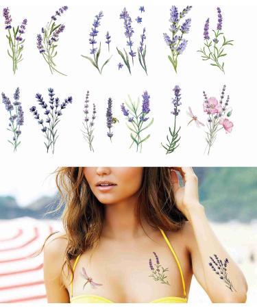 Tattoonova Lavender Flowers 12 sheets Temporary Tattoos for Adults Men & Women Provence Wildflower Flower Aquarelle Purple Floral Lavandula Green Leaves Lilac Flyin Fake Tattoo Kit Neck Arm Hands Leg