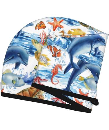 Hair Towel Wrap for Quick Drying - Marine Animals Design | Hair Drying Turban with Button for Easy Use - Buy Online on GoSupps.com