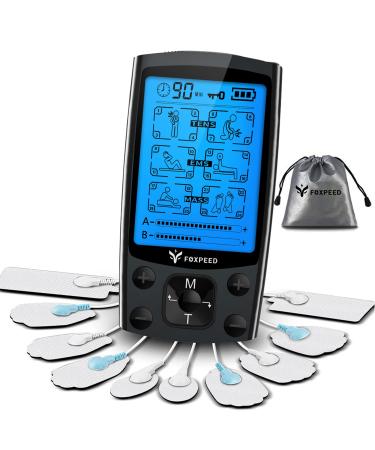 FOXPEED Dual Channel TENS Unit Muscle Stimulator for Pain Relief Therapy, Rechargeable 24 Modes Muscle Relaxer TENS Machines with 10 Pads & Storage Bag & Fastening Cable Ties
