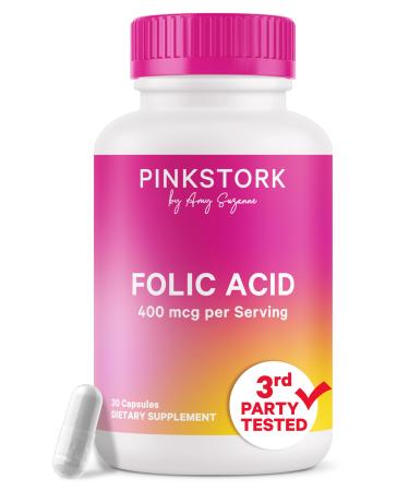Pink Stork Folic Acid Supplement for Women 400mcg Daily Vitamin B9 for Prenatal & Fertility Support Supports Red Blood Cell Formation & Energy 30 Vegetarian Capsules