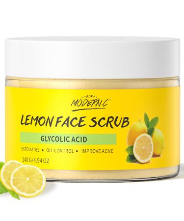 Lemon Face Scrub with Glycolic Acid Microdermabrasion Facial Scrub AHA Exfoliating for Women Men Safe Vegan Improves Acne Blackheads Soft Soothing without Irritation