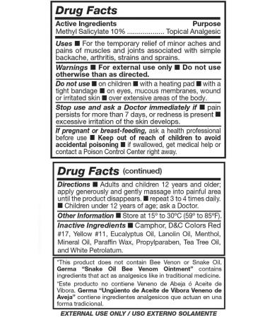 Germa Snake Oil and Bee Venom Analgesic Ointment / Pomada Aceite de Vibora & Veneno de Abeja Analgesico - 3oz. Pack of 3 - Buy Online on GoSupps.com