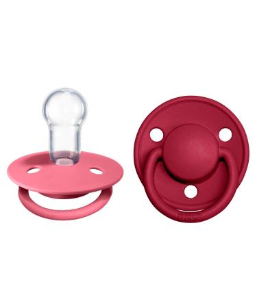 Bibs DE LUX Soother 2 Pack Cherry Shaped Nipple BPA Free Silicone Dummy Pacifier OneSize Coral/Ruby