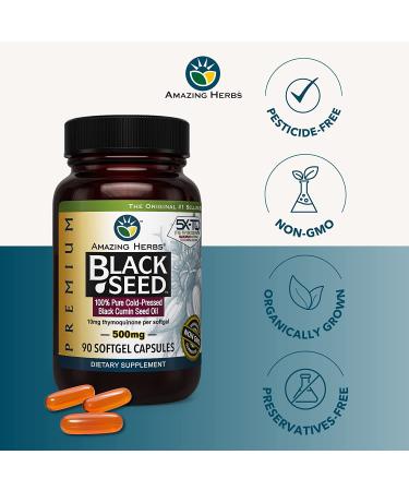 Amazing Herbs Premium Black Seed Oil Capsules - Cold Pressed Nigella Sativa, 90 Count, 500mg - Supports Digestive Health, Immune Function, and Brain Health - Gluten Free, Non-GMO - Buy Online on GoSupps.com