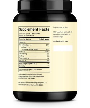 Active Stacks Collagen Peptides Protein Powder Vanilla - Supports Healthy Hair Skin Bones and Joints for Men and Women - Easy-to-Mix Type 1 & 3 Hydrolyzed Collagen from Grass-Fed Beef 2 Pound - Buy Online on GoSupps.com