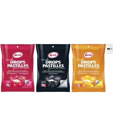 Value Bundle: KERRS Candy - Cough Drops - Cold & Sore Throat Candy with No Artificial Flavours MINTS - Hard Candy - Bonbon - Candies - Custom Value Bundle Branded Pack of 30 Per Bags - 3 Bags - 90 Drops Total (CHERRY HONEY LEMON BLACK LICORICE COMBO)