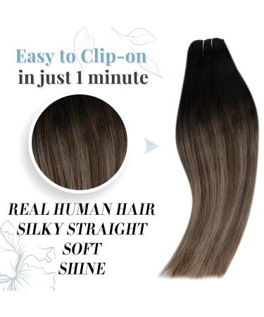 Runature Remy Clip-In Hair Extensions - Ombre Black to Blay Brown & Blond 40cm 120g 7Pcs Human Hair for Thick Soft & Smooth Look - Buy Online on GoSupps.com