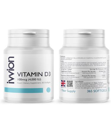 ivvion Preservative-Free Vitamin D3 4000 IU (100 g) Softgel 1 Year Supply High Strength Cholecalciferol | Gluten Free Non-GMO | Supports Immune System Bones Teeth & Muscles | UK Made 365 Count - Buy Online on GoSupps.com