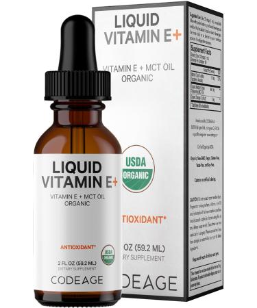Codeage Liquid Vitamin E+ - USDA-Certified Organic Vitamin E - 2-Month Supply - D-Alpha Tocopherol Acetate Organic MCT Oil Orange Fruit Oil Unflavored Non-GMO Vegan Gluten-Free 2 fl oz