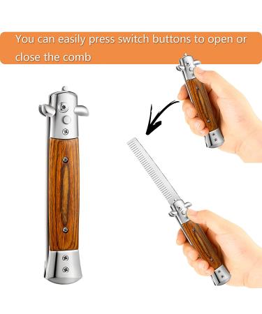 Wood Grain Switchblade Comb Set - 2 Pieces Black Stainless Steel Folding Butterfly Comb and Push Button Hair Brush - Ideal for Outdoor Training Practice - Buy Online on GoSupps.com