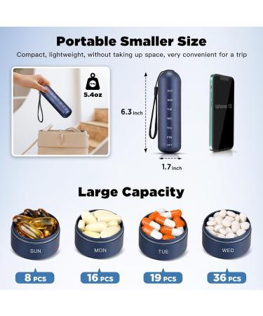 Zannaki Metal Moisture Proof Weekly Pill Organizer - Stackable Aluminum Alloy BPA Free Waterproof 7 Day Travel Pill Box for Vitamins Supplements & Fish Oil - Navy Blue - Buy Online on GoSupps.com