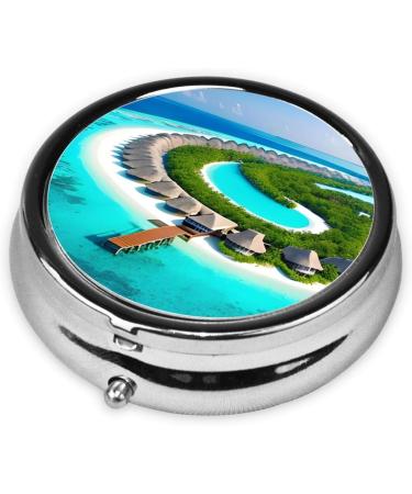 Maldives Scenery Round Pill Box Organizer - 3 Compartment Portable Travel Pill Box for Easy Medication Management - Buy Online on GoSupps.com