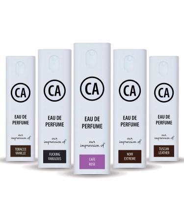 CA Perfume Designer Perfume Discovery Set For Men Impression of ( Tobacco Vanilla + Tuscan Leather + Noir Extreme + Caf Rose + F.Fabulous) Fragrance Body Oils Travel Size Perfume Spray ( 0.3 Fl Oz/10 ml) x5