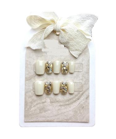Handmade nail patch with milk white champagne sparkling short square and circular detachable fake nail patch 10pcs (Size : M)