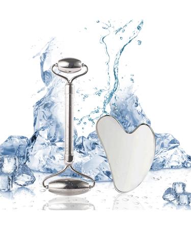 Mknzome stainless steel Gua Sha and Facial Roller face massage device 2 in 1 facial scooter Beauty Massager Skincare Face Roller Face Massager for eye swelling skin tightening of face amq003