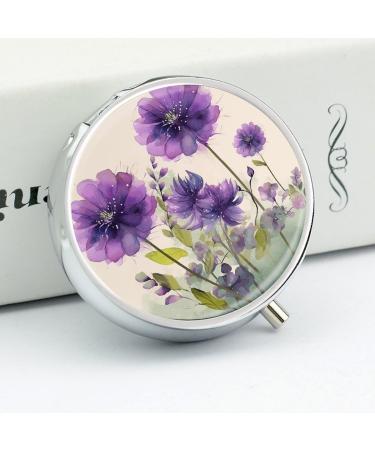Round Pill Box with Purple Flowers | 3 Compartment Medicine Organizer | Portable Decorative Metal Pill Case - Buy Online on GoSupps.com