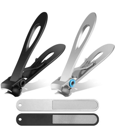 4-Piece Nail Clippers for Thick Nails Nail Files Set, Stainless Steel Nail Set with 15 mm Wide Opening Oversized Clippers Toenail Fingernail Nail Cutter Trimmer, Black and Silver