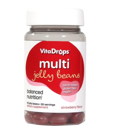 Vita Drops Multivitamin Jelly Beans Women & Men Source of Vitamin A C D E B-3 B-6 & Biotin Supports Immune System Pectin Based Vegan & Gluten Free Strawberry Flavor 90 Jelly Beans 30 Servings