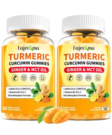 Organic Turmeric Supplement for Adults: Sugar Free 1500mg Turmeric Curcumin with Black Pepper Ginger Gummies Plus Vitamin D3 K2 MCT Oil Bromelain - Vegan Gummy for Overall Health (120Count) Mango 60 Count (Pack of 2)