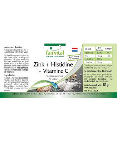 Fairvital | Zinc + Histidine + Vitamin C - for 3 months - with 300mg of Vitamin C 10mg of Zinc & 100mg of Histidine per capsule - Vegan - 90 capsules - Buy Online on GoSupps.com