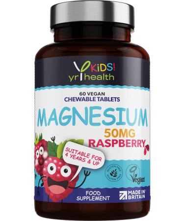 Kids Magnesium Tablets for Sleep Anxiety and Ticks 50mg Chewable Raspberry Flavour Magnesium for Kids Vegan Society Registered Tablets not Gummies 2 Months Supply - Made in The UK by YrHealth