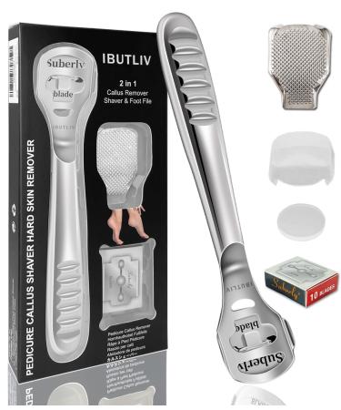 Callus Shaver & Foot File 2 in 1 set Foot Care Razor Callus Remover for Feet Foot Scraper Pedicure Tools for Feet Heel Hard Dead Skin Corn Callous Remover Foot Rasp - Stainless Steel Silver-stainless Steel