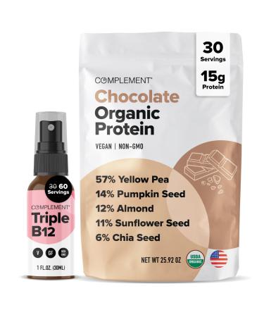 Complement Organic Chocolate Vegan Protein Powder & Triple B12 Spray Bundle Plant-Based Protein and Essential B12 Supplementation for Energy and Wellness