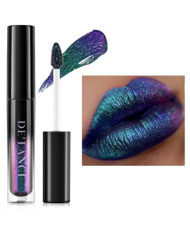 Chameleon Liquid Lipstick Blue Green Purple Color Shimmer Metallic Colourful Lip Gloss for Women Girls Lips Makeup Gift Hydrating Waterproof and Long Lasting Lip Stick Shiny Talc-Free 5 Blue to Purple
