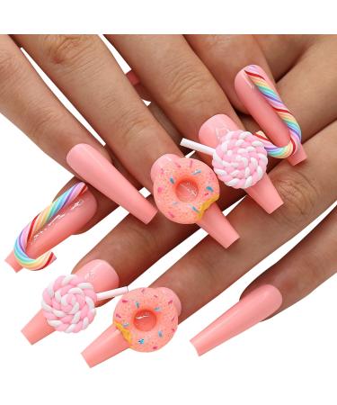 Kikmoya Extra Long Coffin Press on Nails Pink with 3D Candy Design 24pcs Acrylic False Nails Glossy Artificial Fake Nails Full Cover Nail Tips Stick on Nails for Women and Girls (Colorful Candy)
